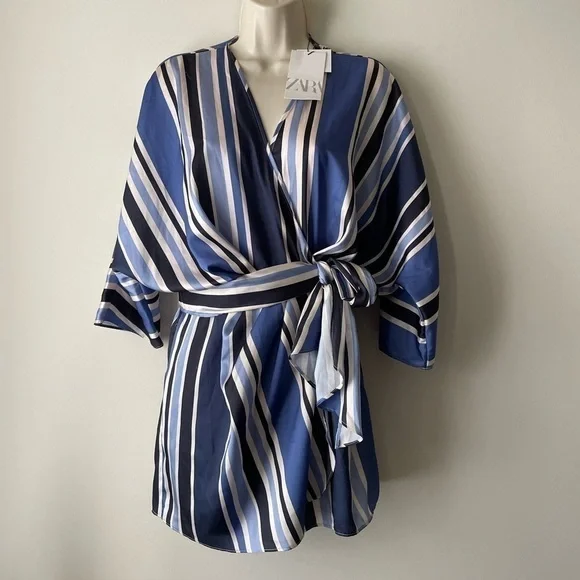 Zara Blue & White Striped Satin Wrap Skort Romper Small NWT - Picture 5 of 16